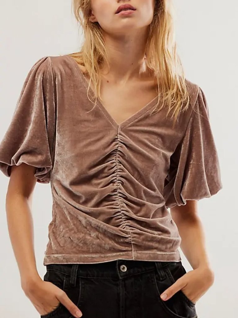 Free People Ruched Velvet V-Neck Top Small Cupcake Velvet, Romantic Stretchy